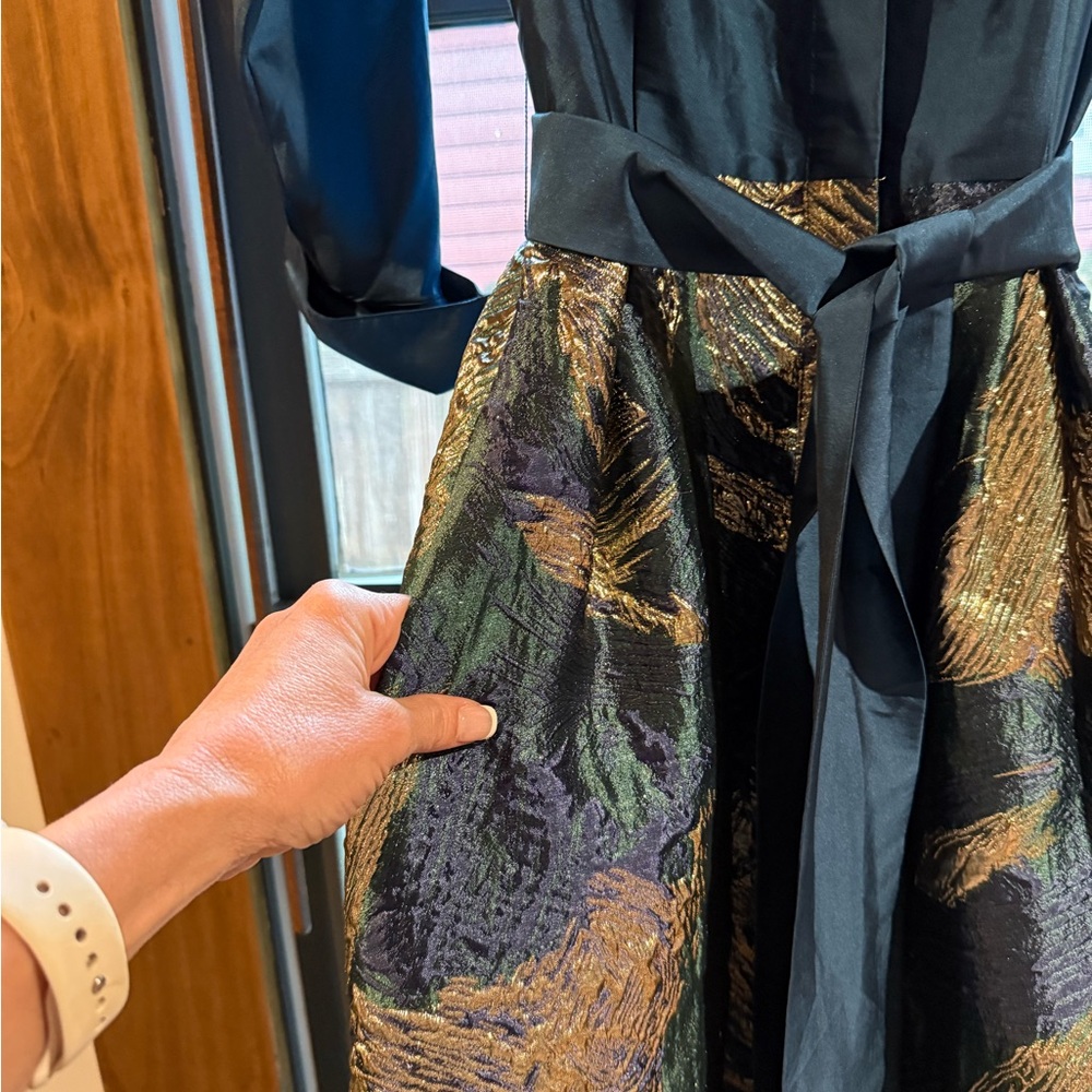 Teri Jon Teal Shirt Dress with Gold Brocade Skirt - Picture 5 of 6